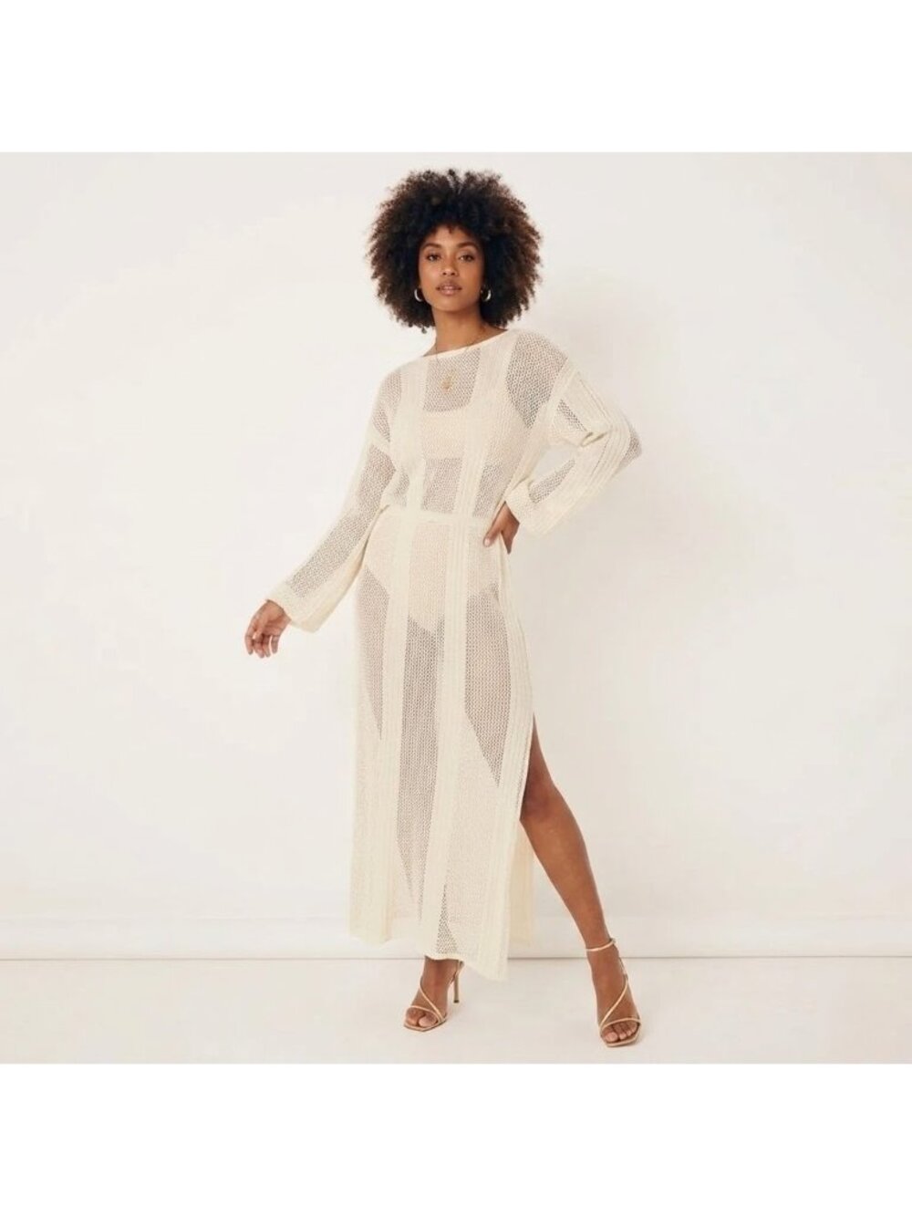NWT SPELL Rush Knit Midi in Cream Cotton Linen Sheer Side Slit Cover-up Dress M